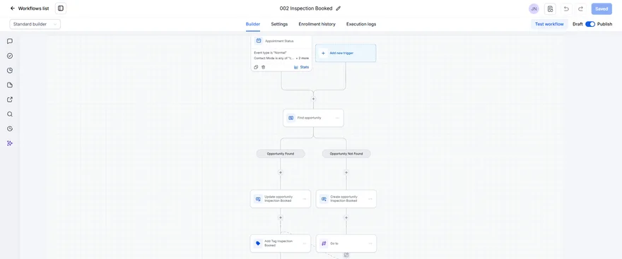 Real GoHighLevel workflow: 002 Inspection Booked