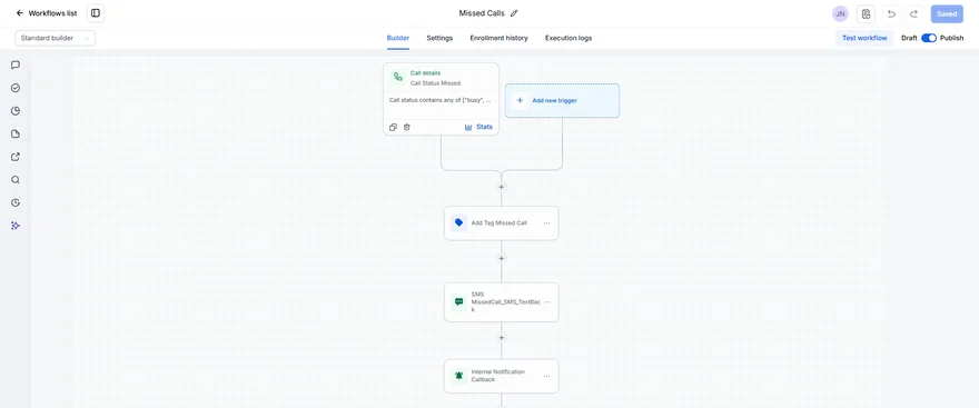Real GoHighLevel workflow: Missed Calls text-back