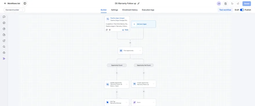 Real GoHighLevel workflow: D5 Warranty follow-up